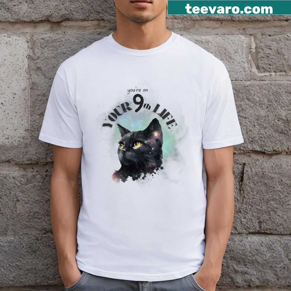 Whimsical design celebrating black cats and their lucky ninth life — on a men's t-shirt