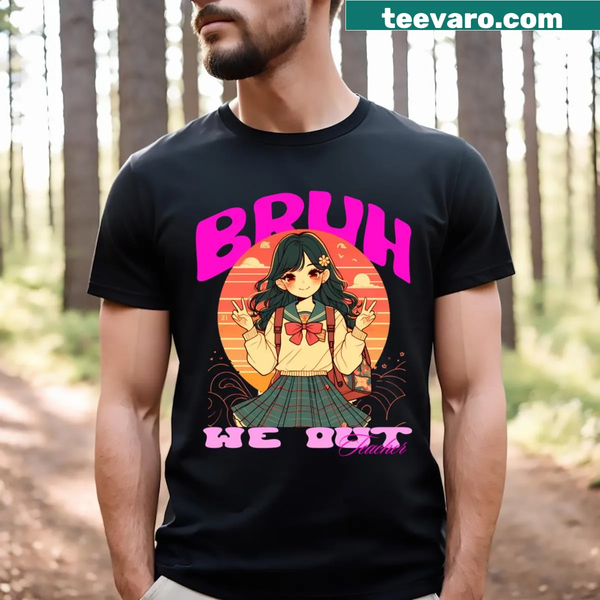 Essential t-shirt for teachers with Bruh We Out phrase — on a men's t-shirt