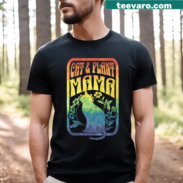 Illustration of a cat and plants on a T-shirt, exuding boho charm