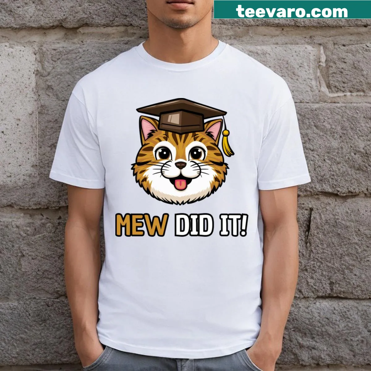 Cat-themed Graduation T-shirt with a cat in a cap — on a men's t-shirt