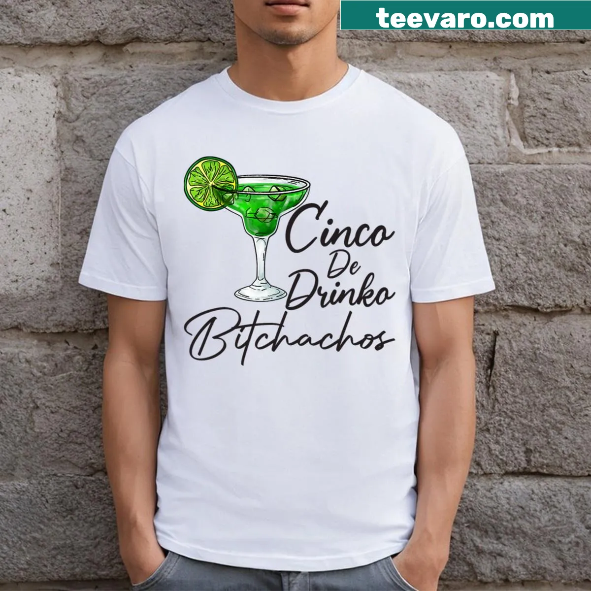 Cinco De Drinko Bitchachos T-shirt with playful text — on a men's t-shirt