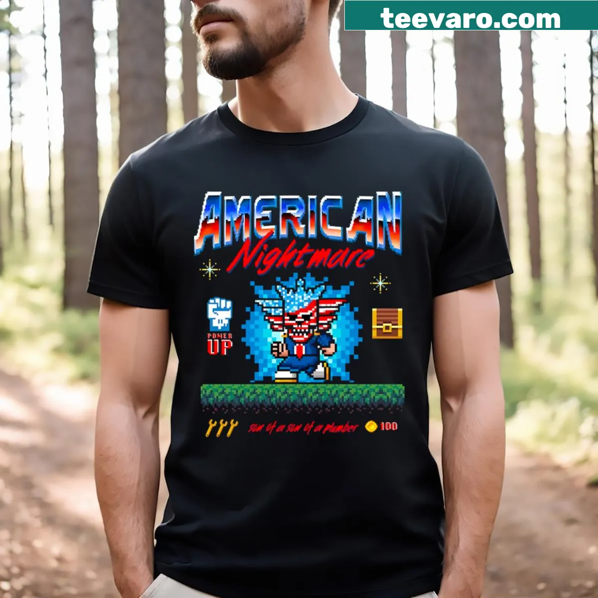 Pixelated Cody Rhodes t-shirt featuring American Nightmare logo — on a men's t-shirt