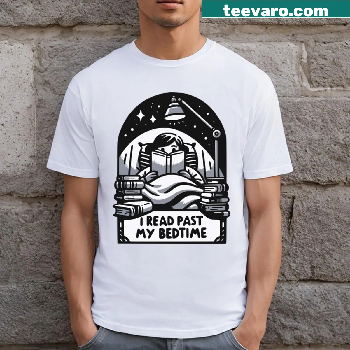 Typography T-shirt for readers with a bedtime theme — on a men's t-shirt