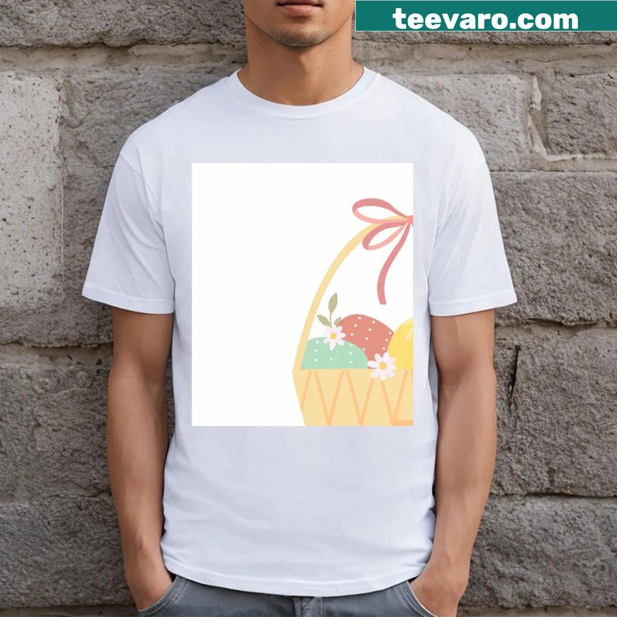 Easter themed t-shirt with a pattern of eggs and baskets — on a men's t-shirt