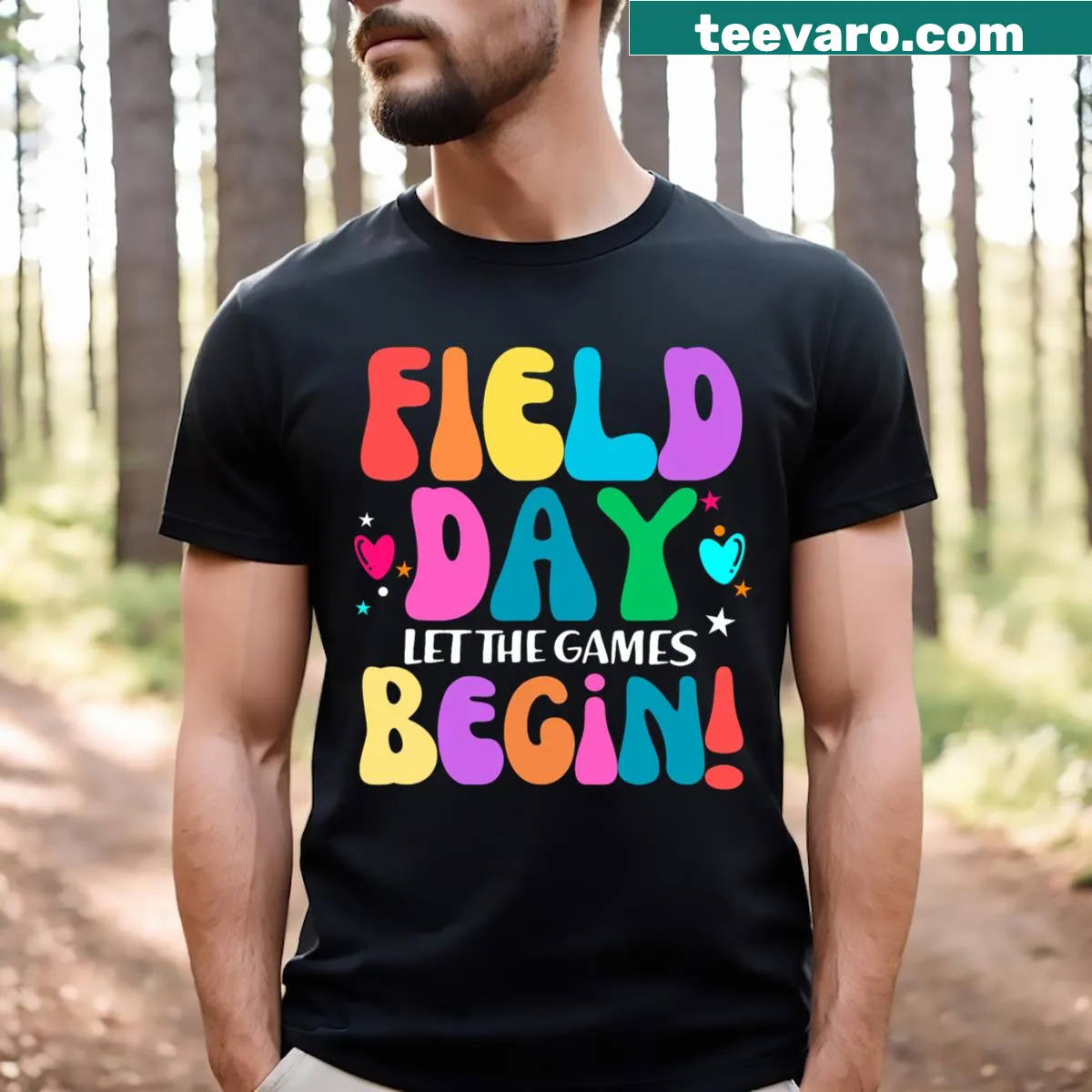 Fun T-shirt for teachers with 'Let Games Start' text for field day — on a men's t-shirt