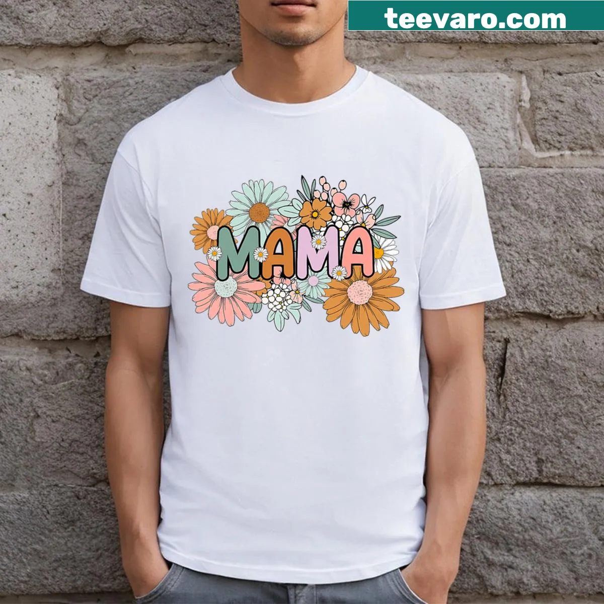 Floral t-shirt with the word 'Mama' and surrounding flower designs. — on a men's t-shirt