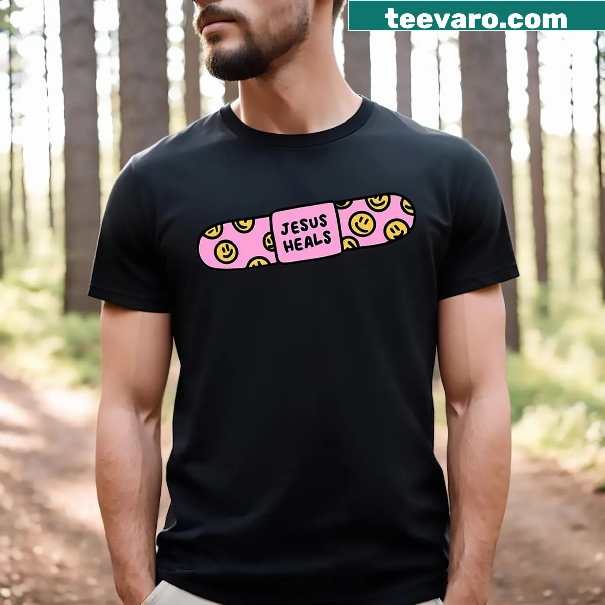 Humorous T-shirt featuring a Christian faith healing theme — on a men's t-shirt