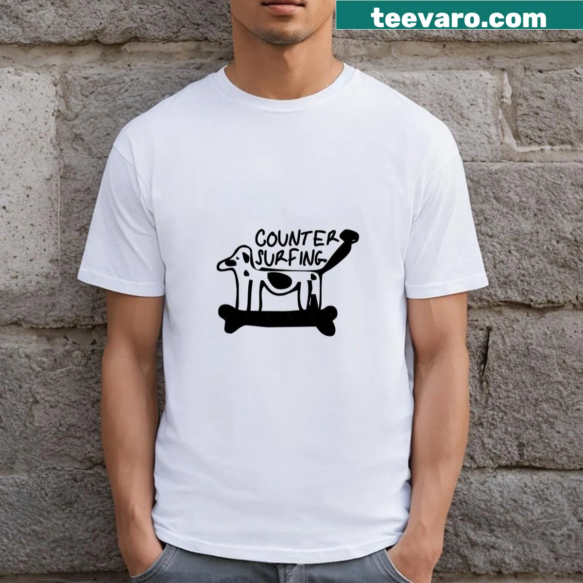 Illustrative t-shirt of a dog skating and humor about counter surfing — on a men's t-shirt