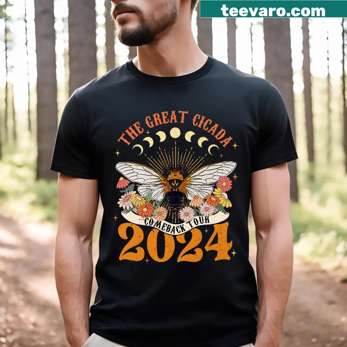 Retro t-shirt featuring the 'Great Cicada Comeback Tour' graphic — on a men's t-shirt