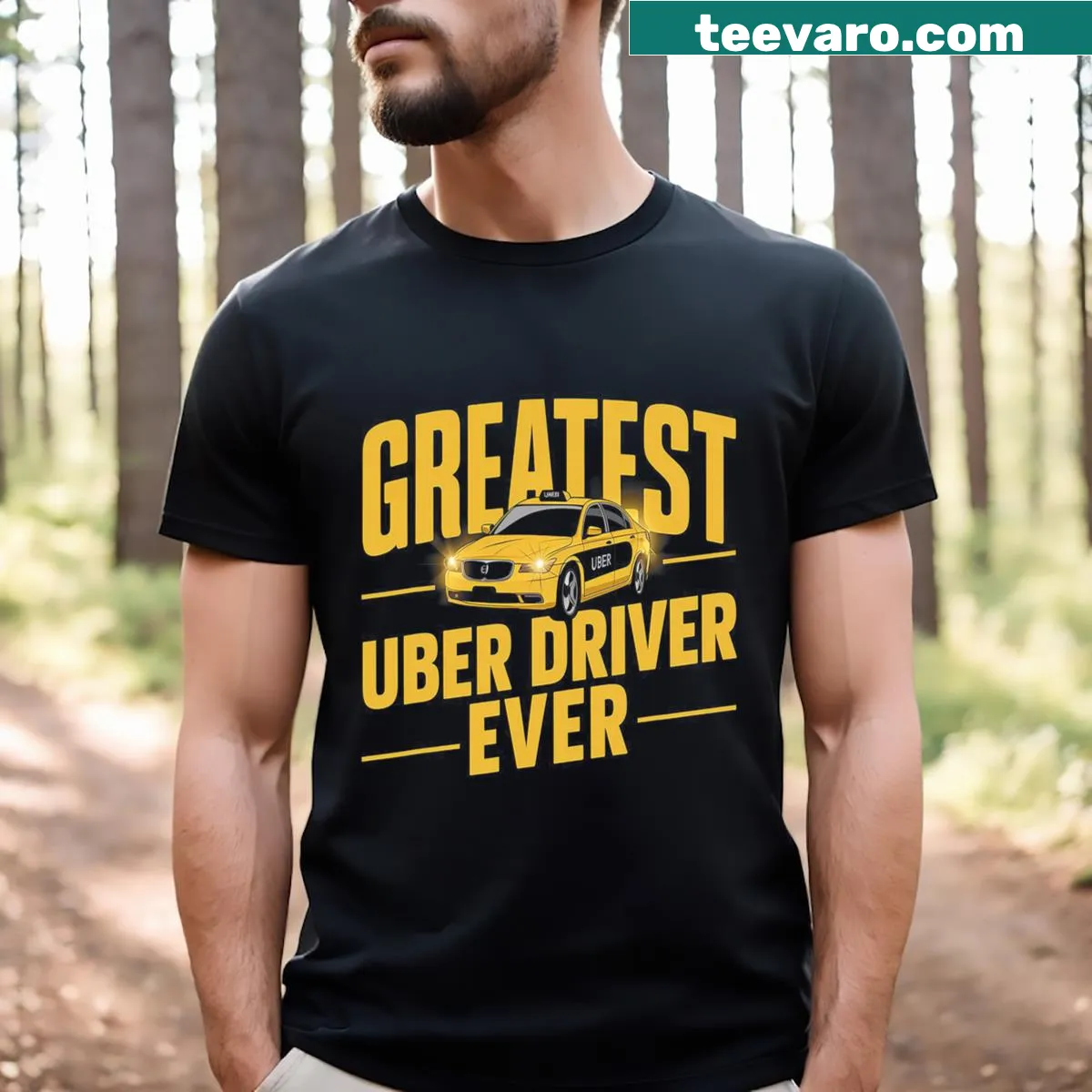 Funny t-shirt for dads that says 'Greatest Uber Driver Ever' — on a men's t-shirt