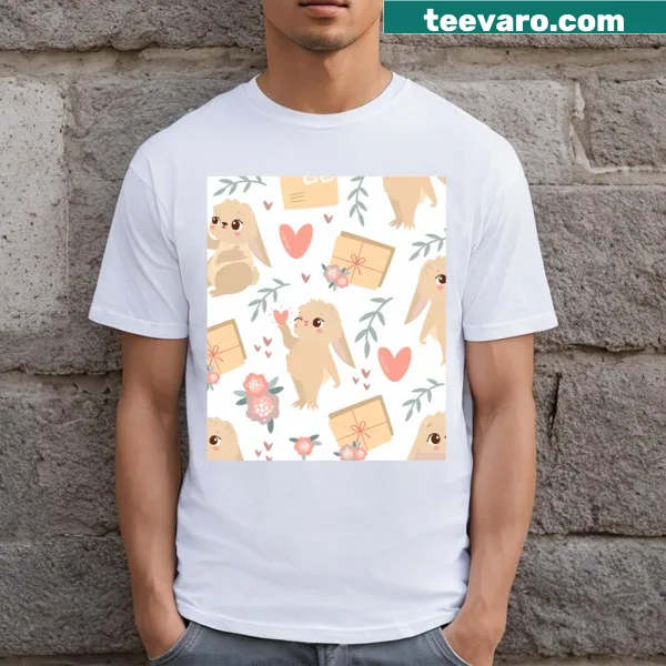 Valentine's Day t-shirt featuring patterned hares and hearts
