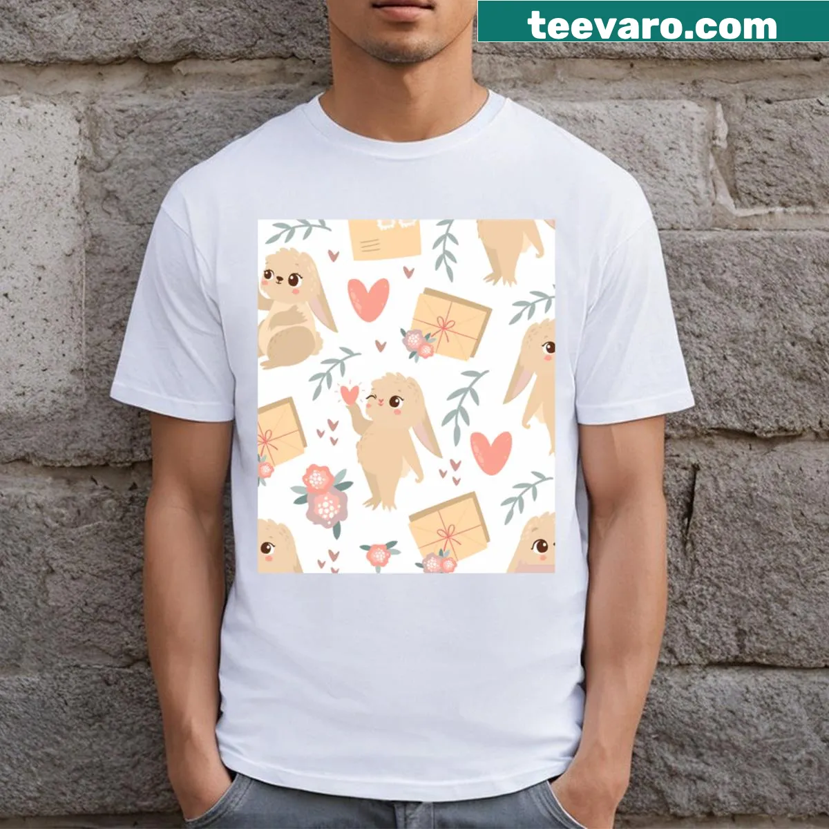 Valentine's Day t-shirt featuring patterned hares and hearts — on a men's t-shirt