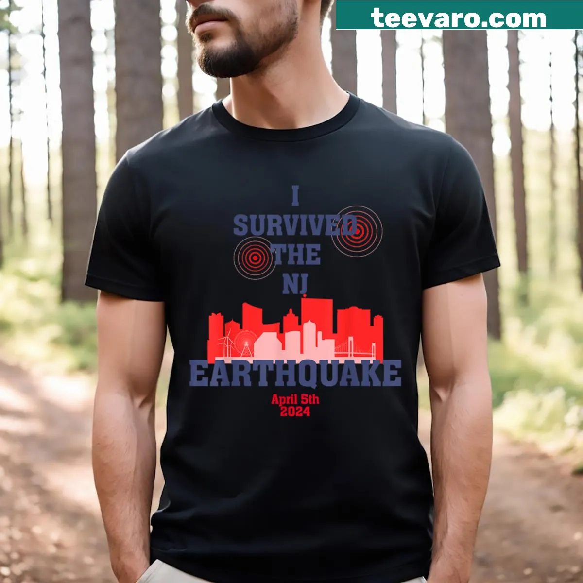 Commemorative t-shirt about NJ earthquake and solar eclipse — on a men's t-shirt