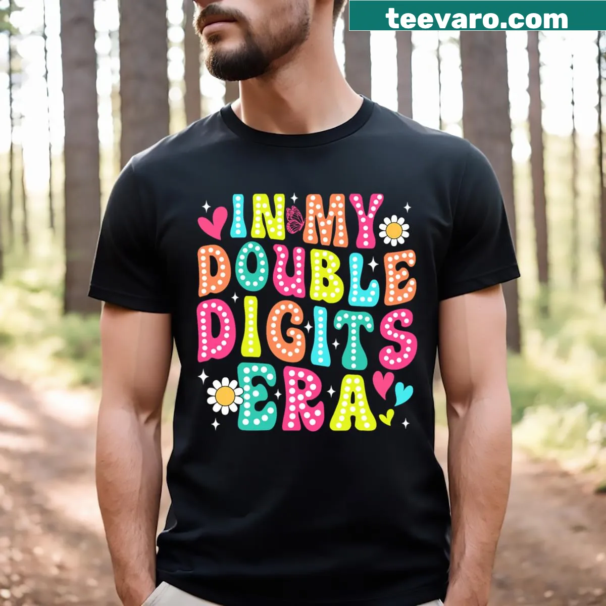 T-shirt celebrating turning ten years old with playful text — on a men's t-shirt