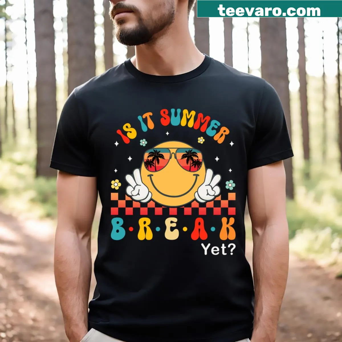 Groovy smile face T-shirt with 'Is It Summer Break Yet?' text — on a men's t-shirt