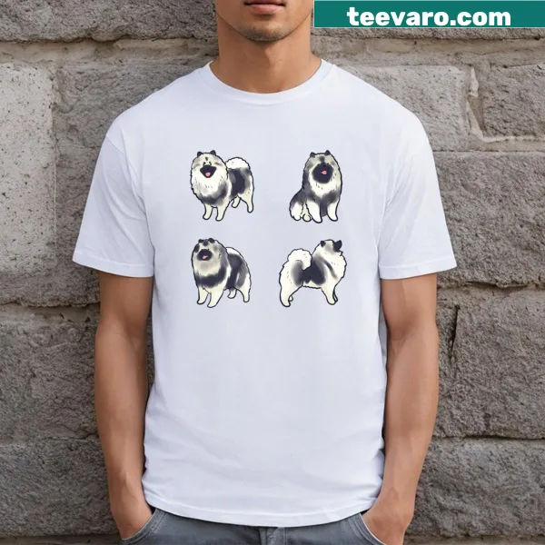 Illustrated t-shirt featuring a pack of Keeshond dogs, perfect for dog lovers