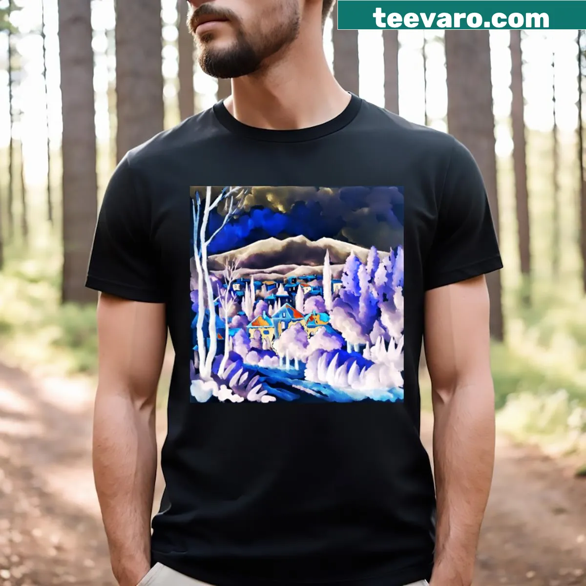 Illustrative T-shirt featuring scenic landscapes — on a men's t-shirt