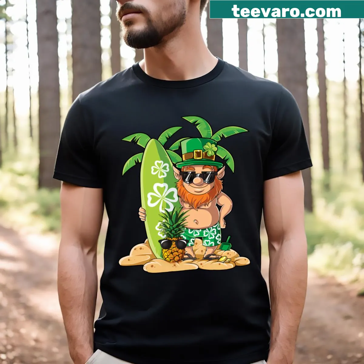 Whimsical leprechaun surfing on a T-shirt for St. Patrick's Day — on a men's t-shirt