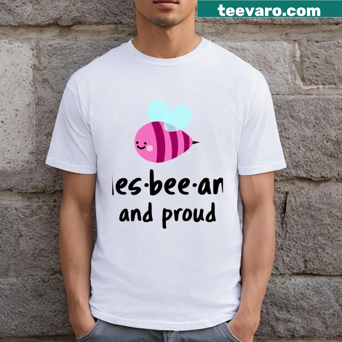 Typography T-shirt with 'Les Bee An And Proud' statement — on a men's t-shirt