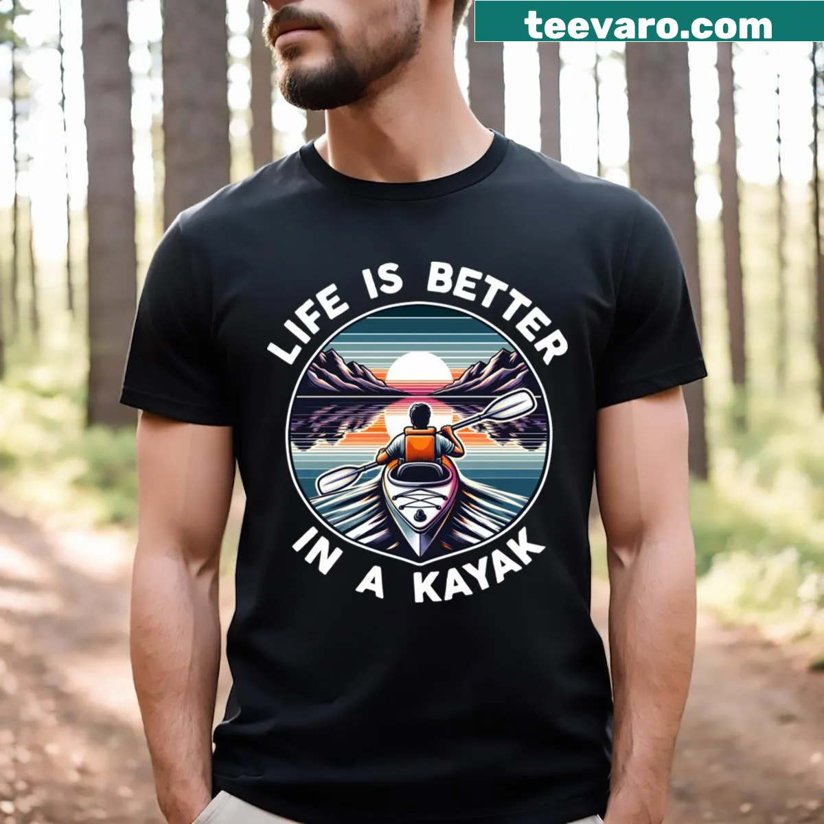 T-shirt with the phrase 'Life Is Better In A Kayak' on the front — on a men's t-shirt