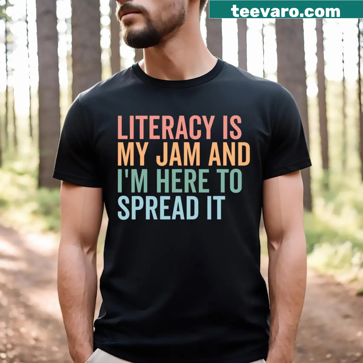 Inspirational Literacy Teacher T-shirt with bold text — on a men's t-shirt