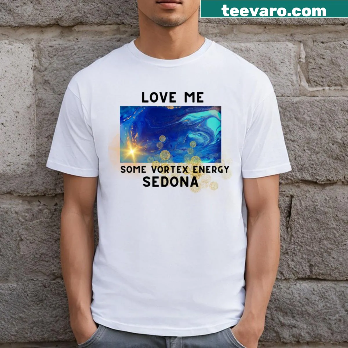Playful t-shirt featuring text about vortex energy — on a men's t-shirt