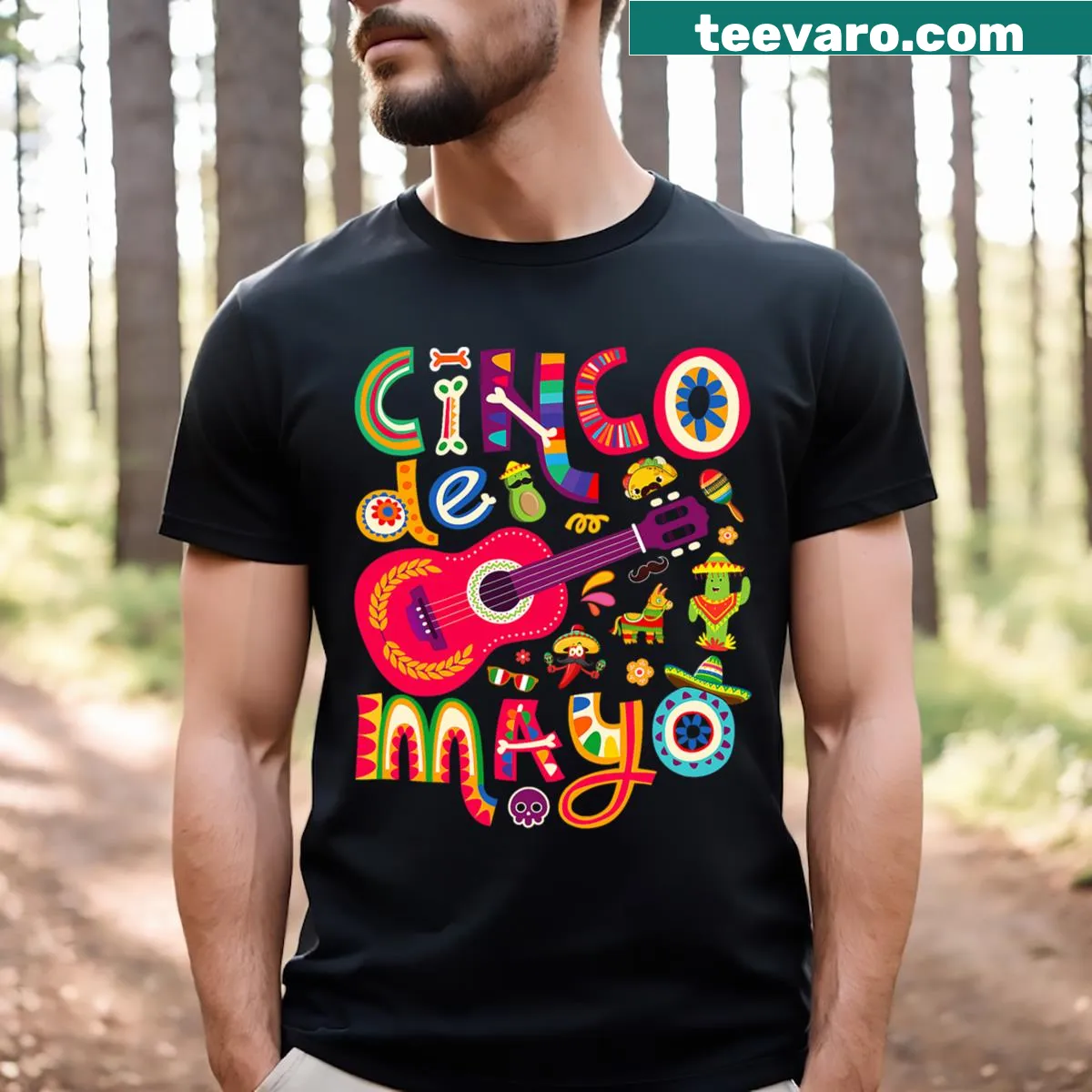 Illustration of a guitar with tacos for Cinco de Mayo T-shirt — on a men's t-shirt