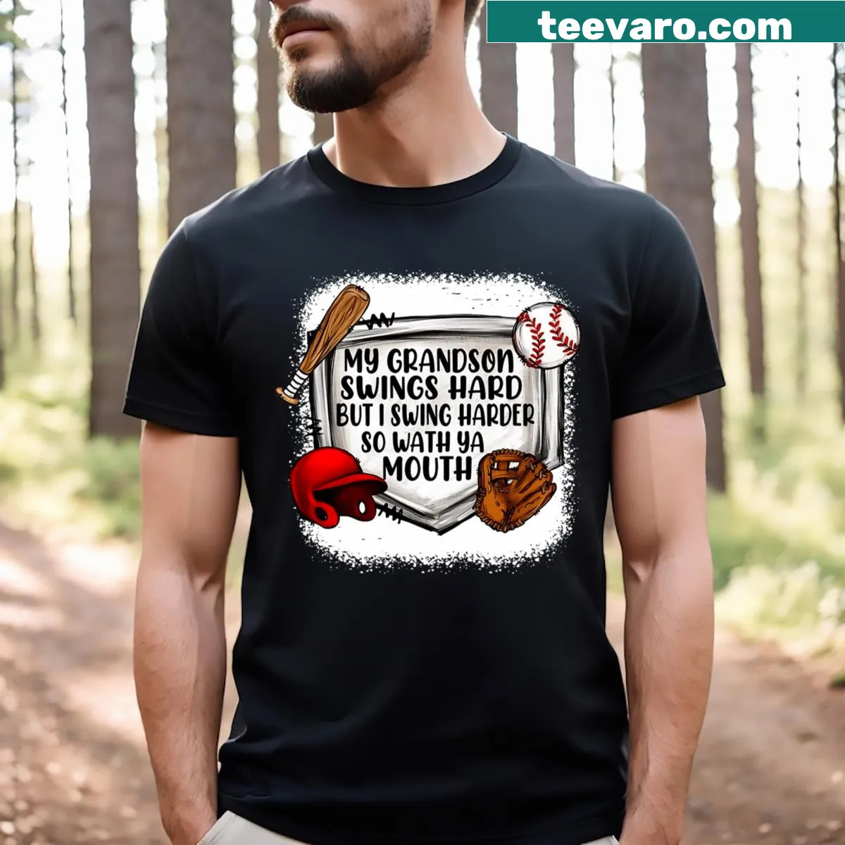 Funny T-shirt with 'My Grandson Swings Hard But I Swings Harder' text — on a men's t-shirt