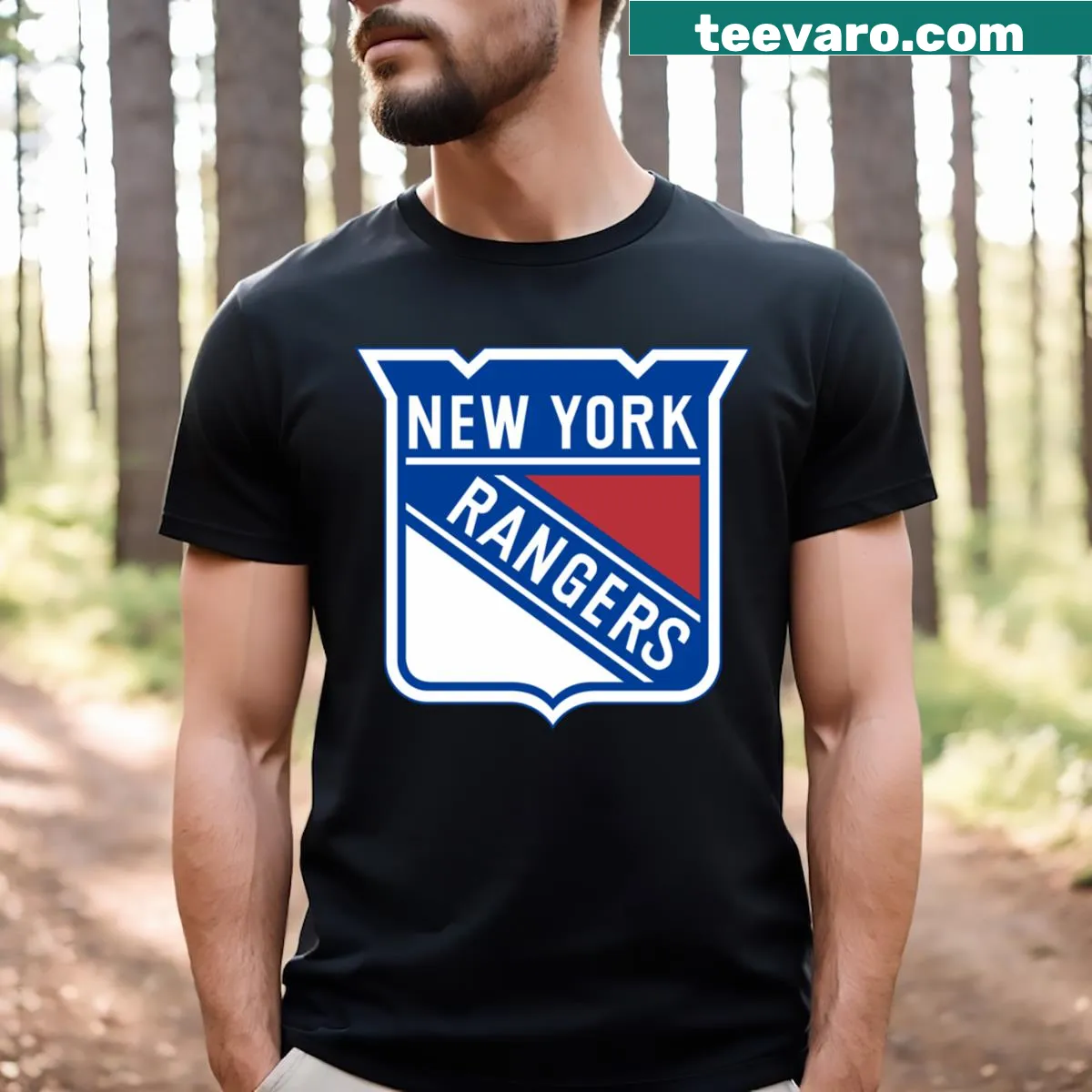 New York Rangers T-shirt with team spirit design in bold typography. — on a men's t-shirt