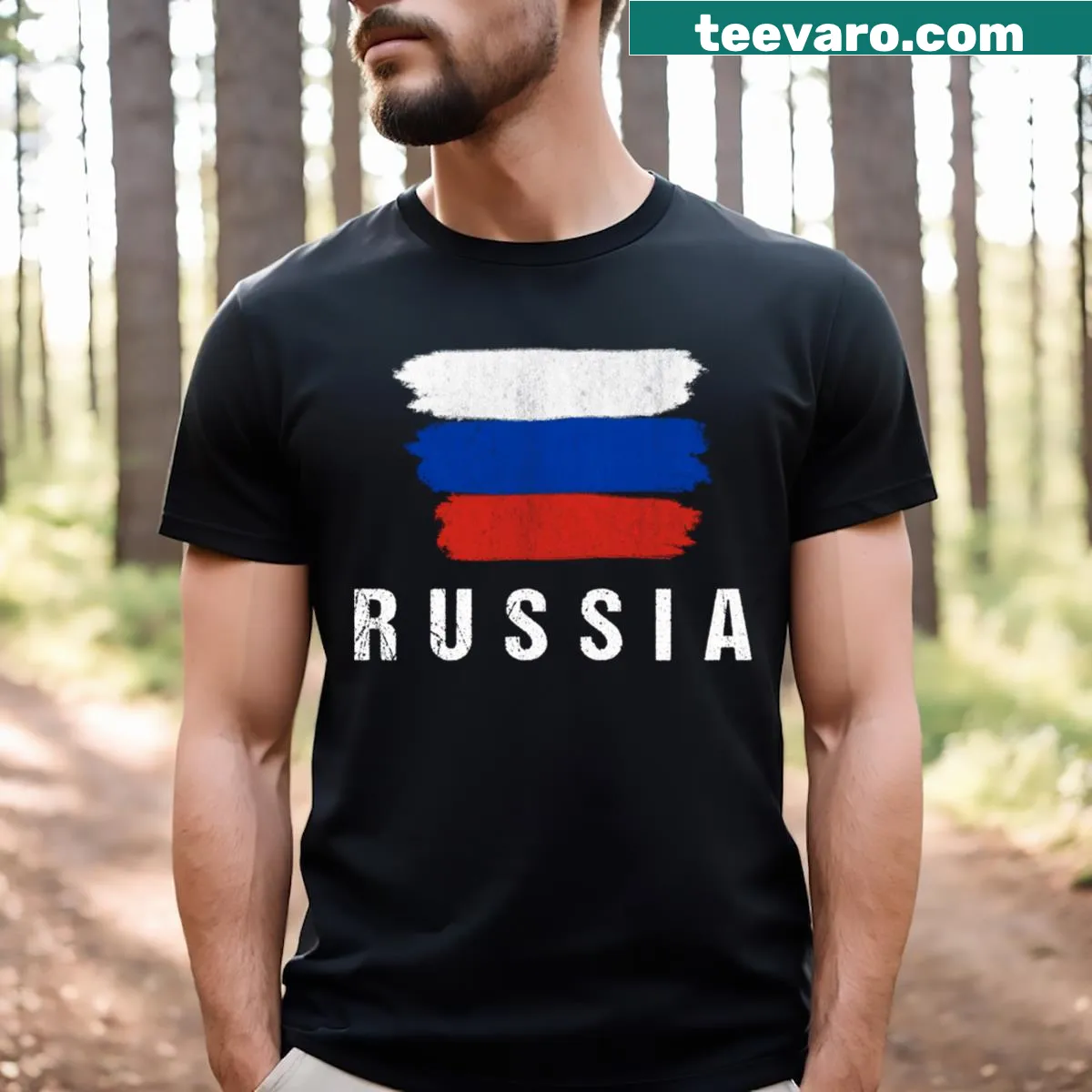Illustrated Russia flag graphic t-shirt — on a men's t-shirt
