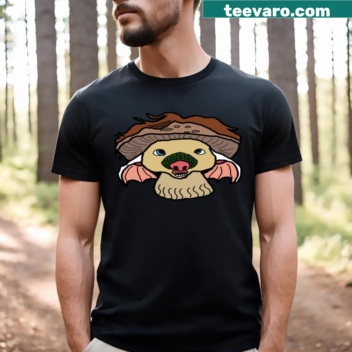 Pangolin Mushroom Bat T-shirt featuring a whimsical illustration of a pangolin with a mushroom bat. — on a men's t-shirt