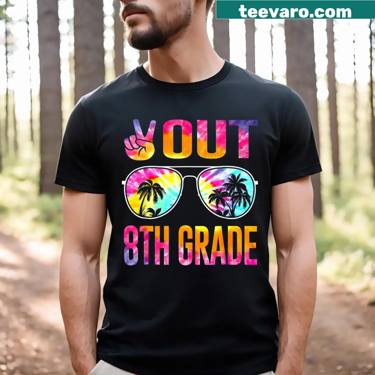 Tie dye graduation t-shirt featuring 'Peace Out 8th Grade' text — on a men's t-shirt