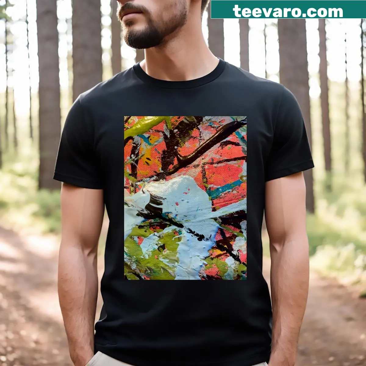 Whimsical peach-themed graphic t-shirt — on a men's t-shirt
