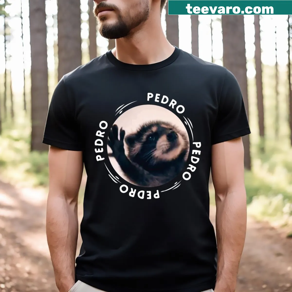 Funny cartoon t-shirt featuring Pedro the Dancing Raccoon meme. — on a men's t-shirt
