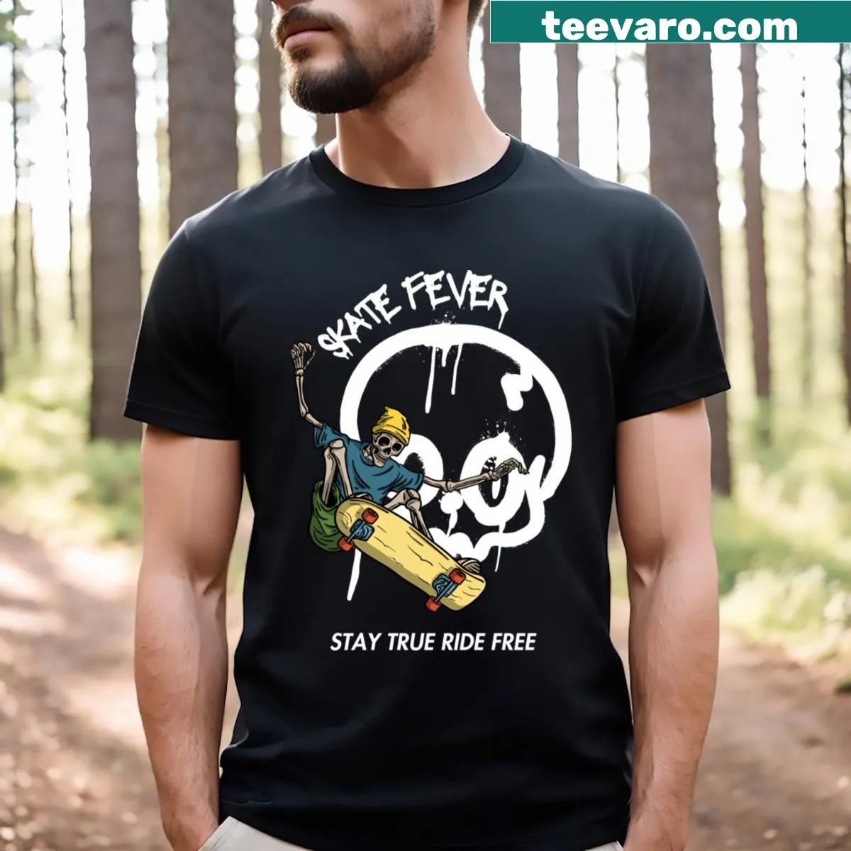 Skeleton skateboarding T-shirt featuring a skeleton in action — on a men's t-shirt