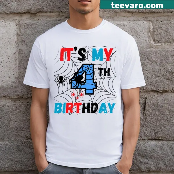 T-shirt with a spider web design and text for a 4th birthday