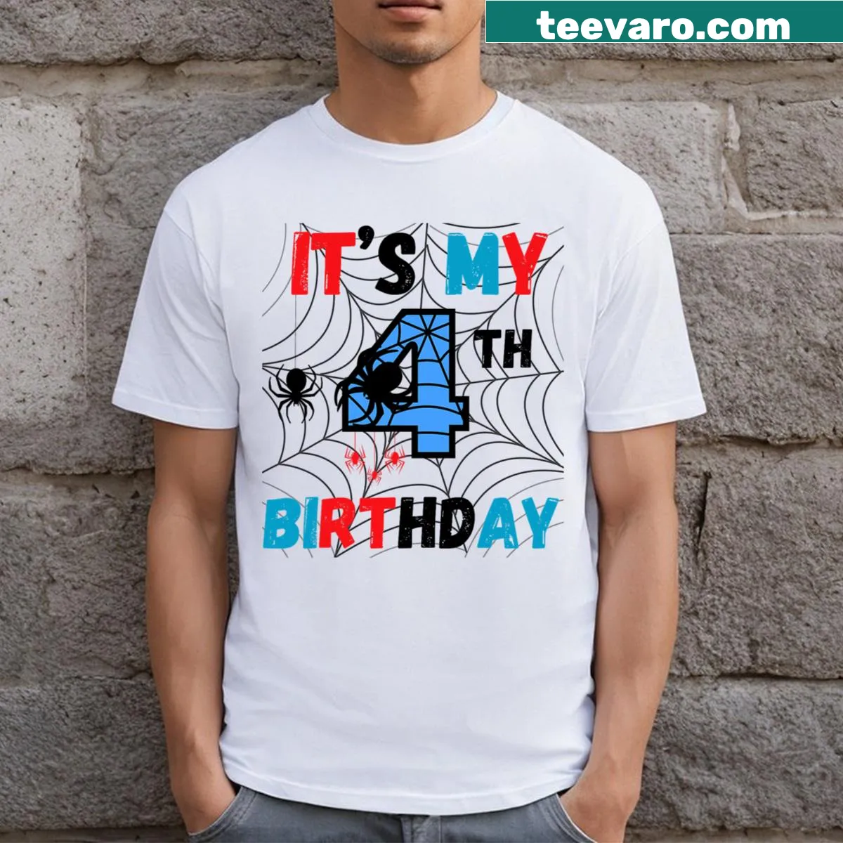 T-shirt with a spider web design and text for a 4th birthday — on a men's t-shirt