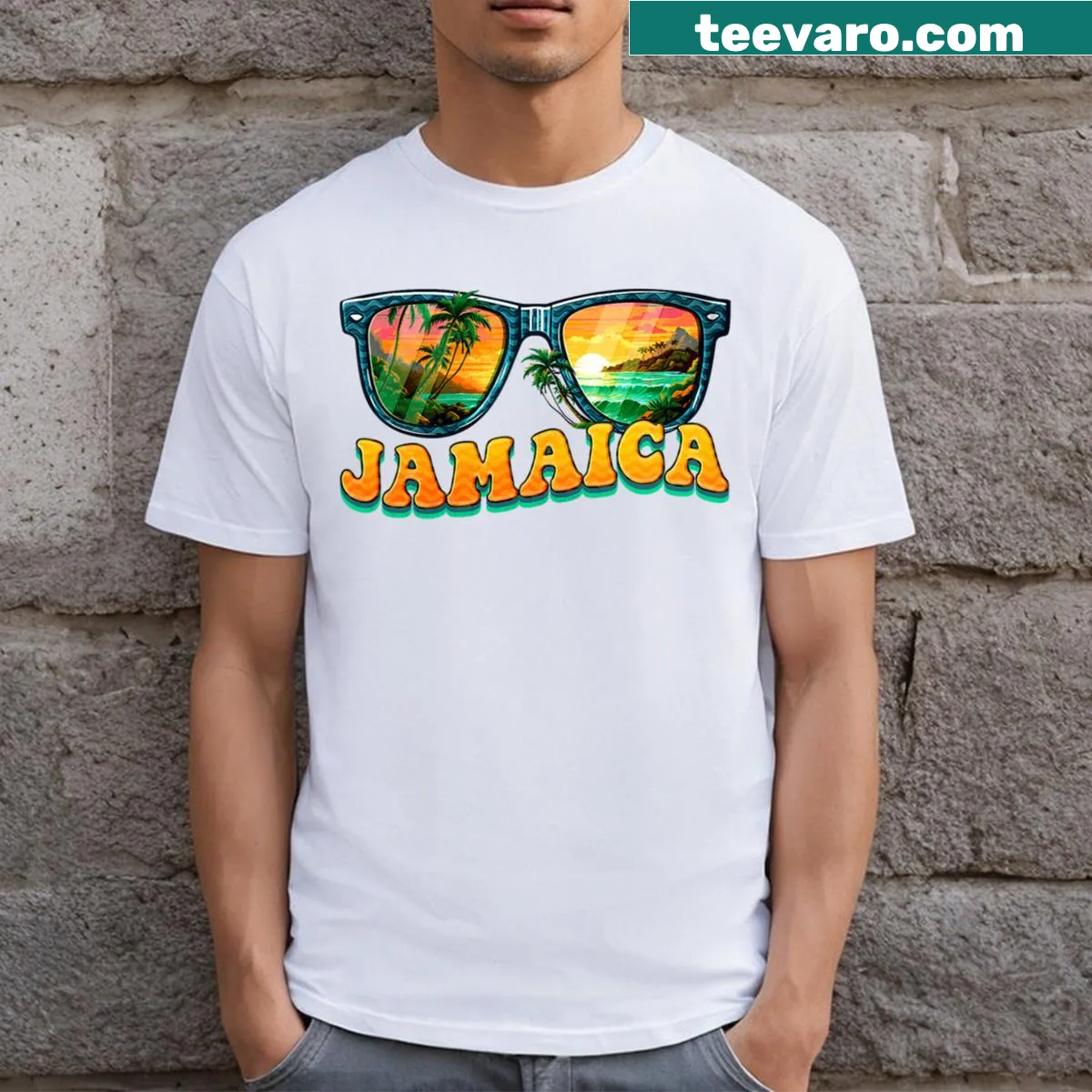 Playful t-shirt featuring summer vacation vibes and sunglasses — on a men's t-shirt