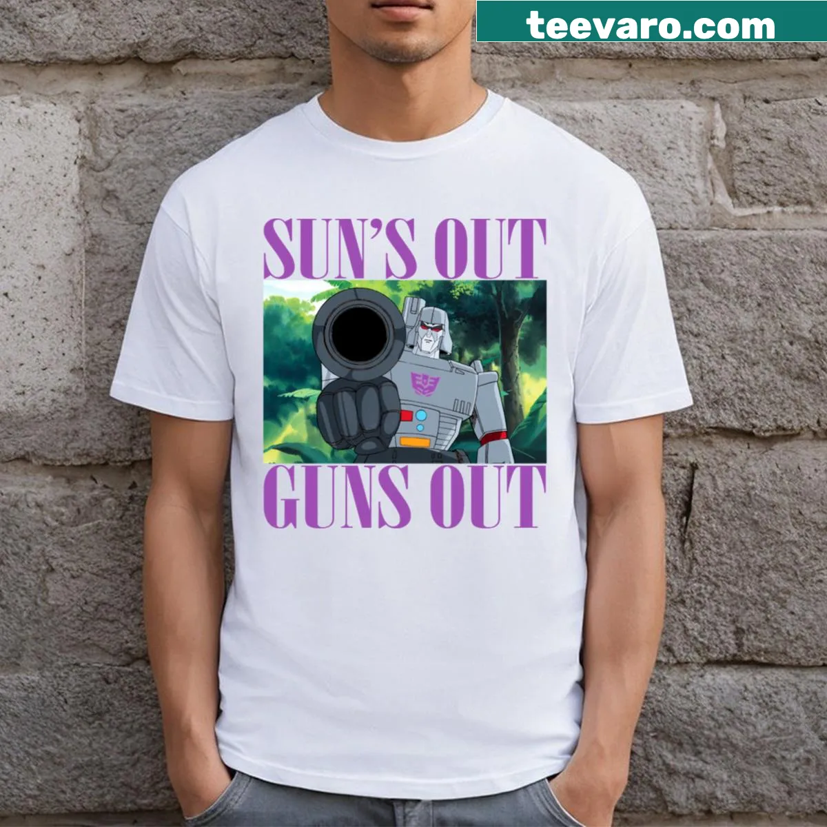T-shirt with 'Sun's Out Guns Out' motivational text — on a men's t-shirt