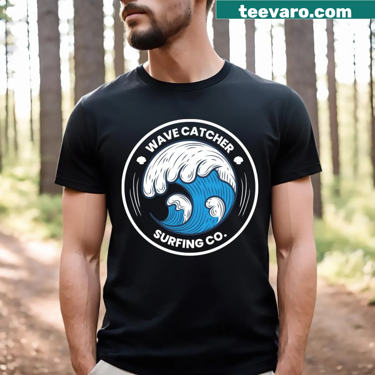 Cartoon surfer riding waves on a fun T-shirt — on a men's t-shirt