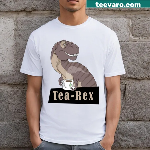 Cartoon dinosaur holding a cup of tea on a playful t-shirt