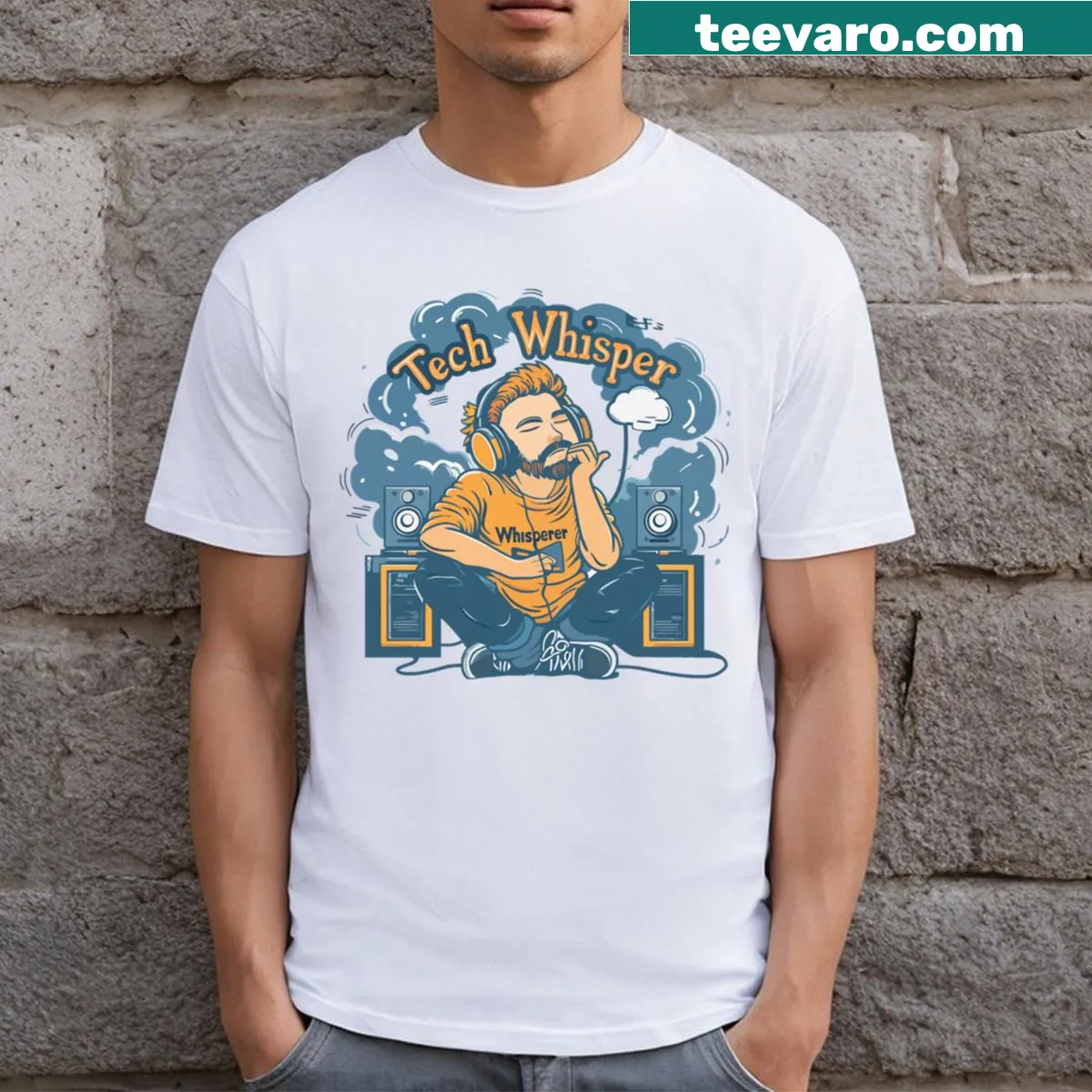 Minimalist Tech Whisperer t-shirt with sleek typography — on a men's t-shirt