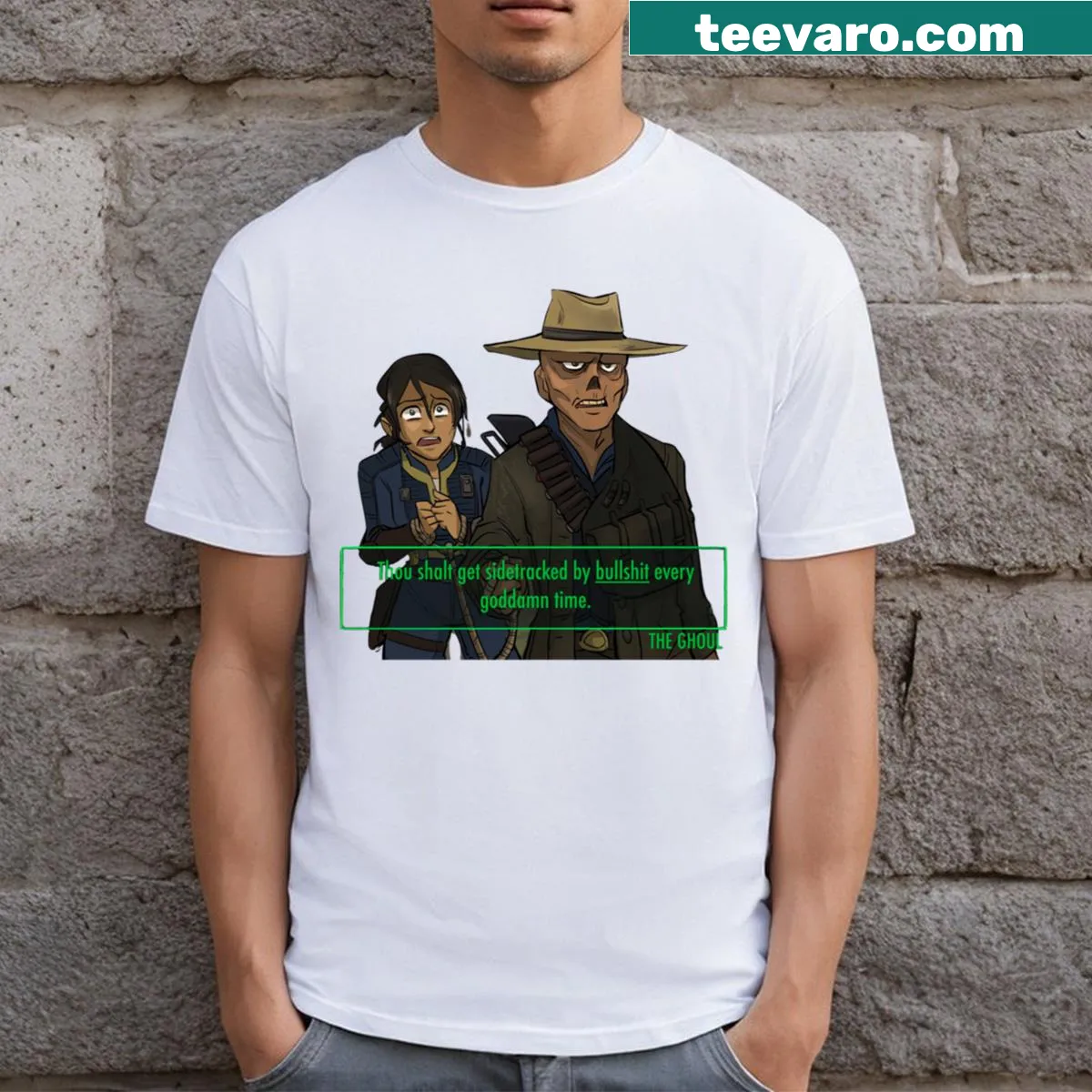 Typography t-shirt featuring quotes from the Fallout TV series — on a men's t-shirt