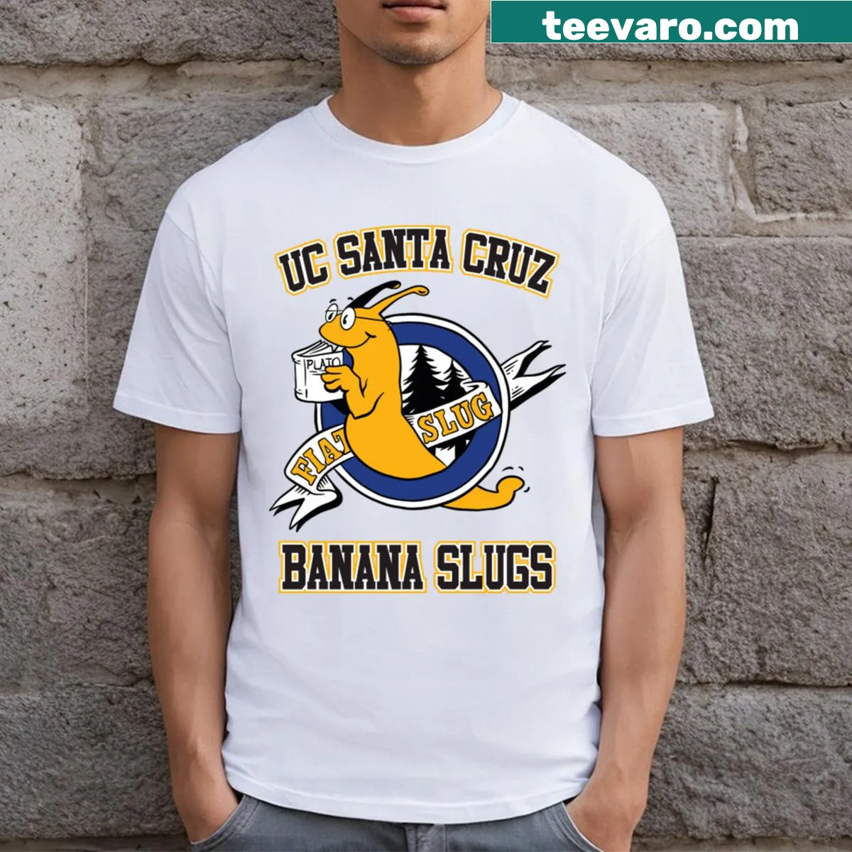 UC Santa Cruz Banana Slugs T-shirt with playful slug illustration — on a men's t-shirt
