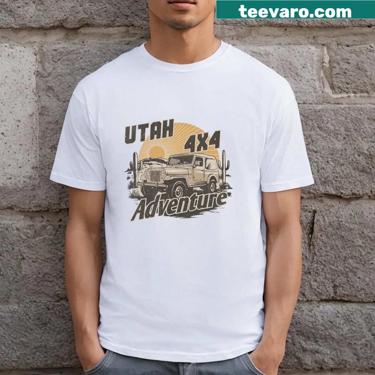 Badge-emblem T-shirt celebrating 4x4 adventures in Utah — on a men's t-shirt