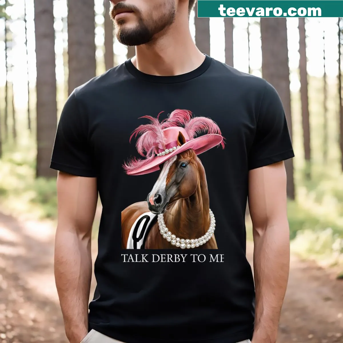 Funny horse racing t-shirt with 'Talk Derby To Me' text — on a men's t-shirt