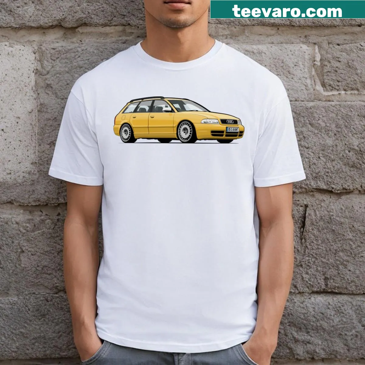 Retro Yellow Wagon t-shirt evoking childhood nostalgia — on a men's t-shirt