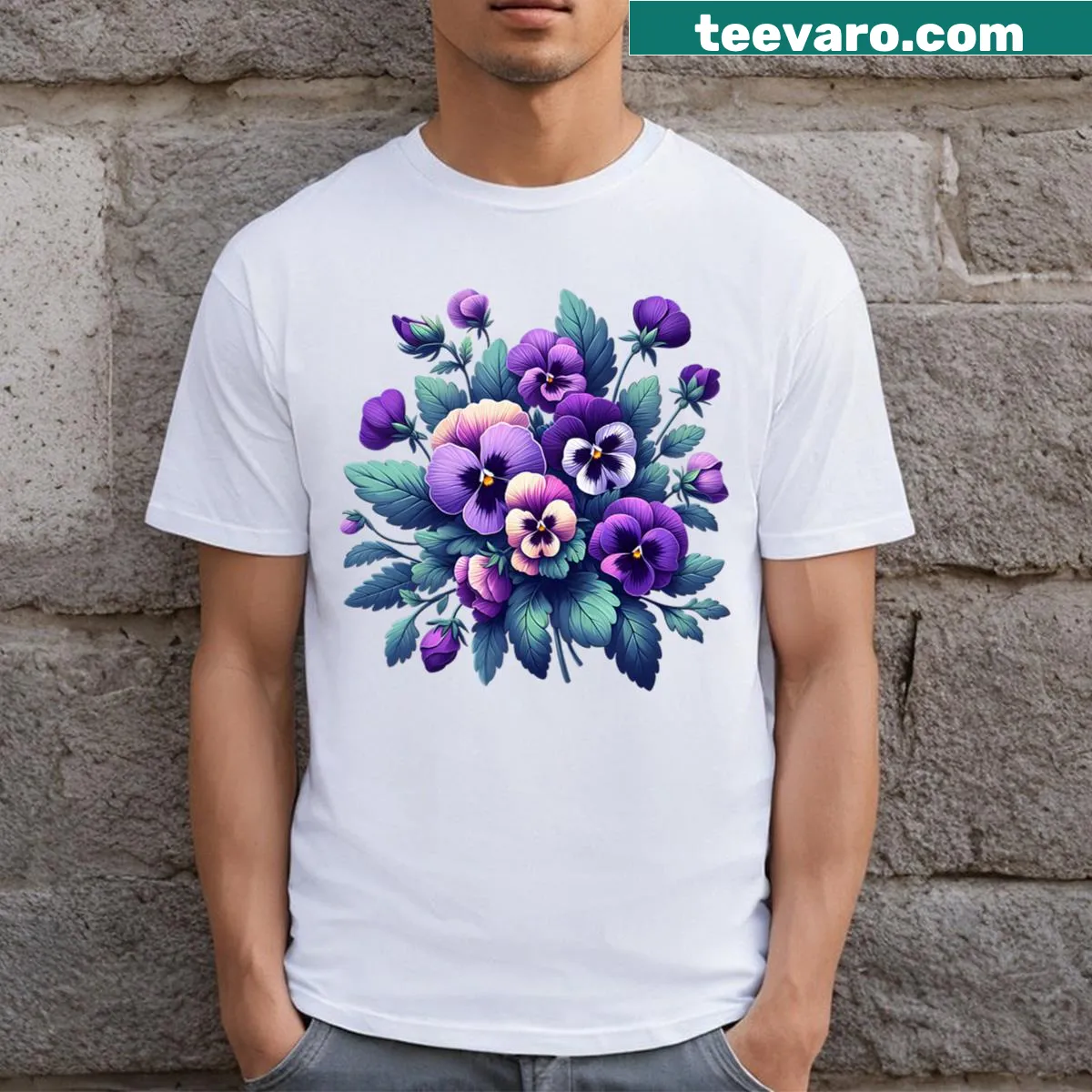 Alzheimer's Awareness T-shirt with purple floral pansy design — on a men's t-shirt