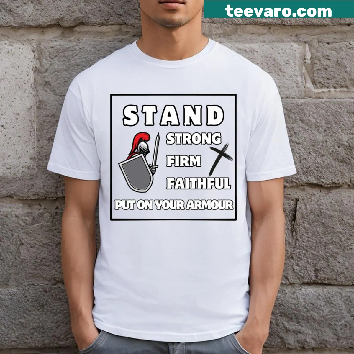 Armour Of God logo t-shirt design expressing faith — on a men's t-shirt