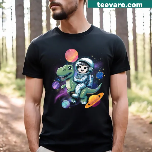 Cartoon astronaut riding a dinosaur in outer space T-shirt